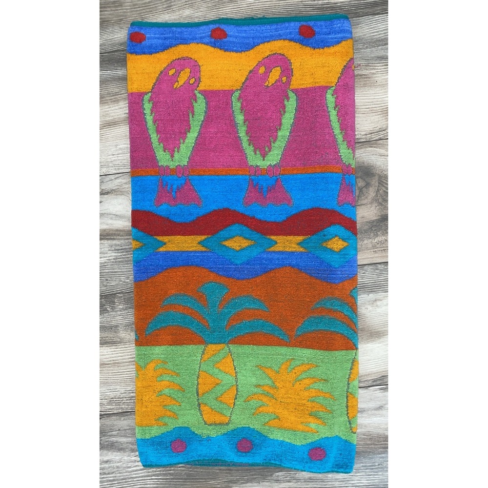 90s Royal Terry Beach Towel‎ Vintage Bright Vibrant Colors Parrot Pineapple